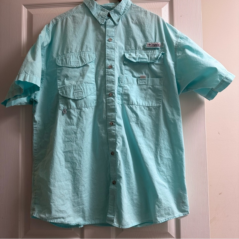 Columbia PFG Tamiami Shirt Mens XL Teal Short Sleeve Fishing Vented Omni-Shade